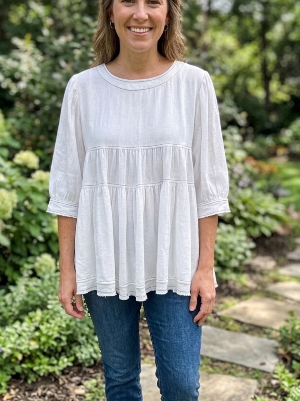 NWT Entro Off-White Tiered Babydoll Top Blouse with Pockets Size Small Boho